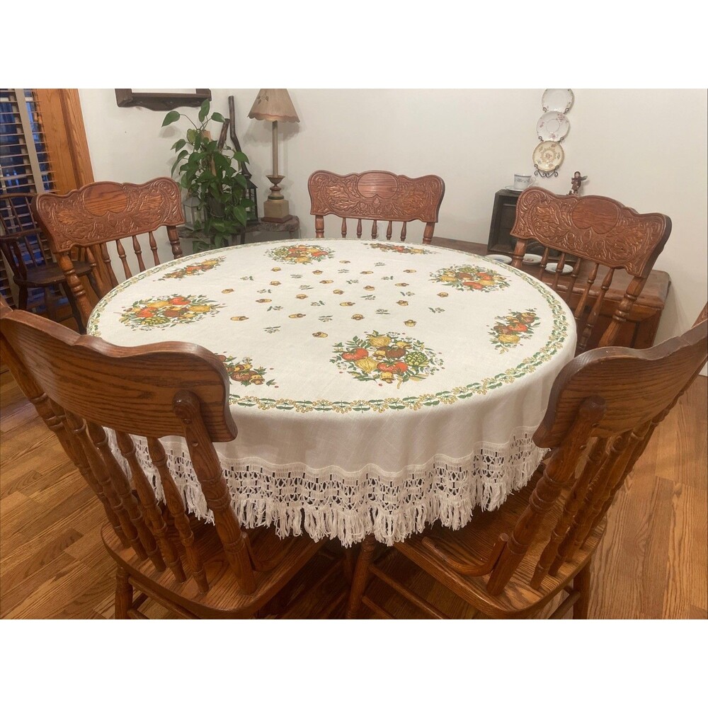 Vintage 1970’s Spice of Life Fringe Round Tablecloth Fits 48”-54” JCPenney READ